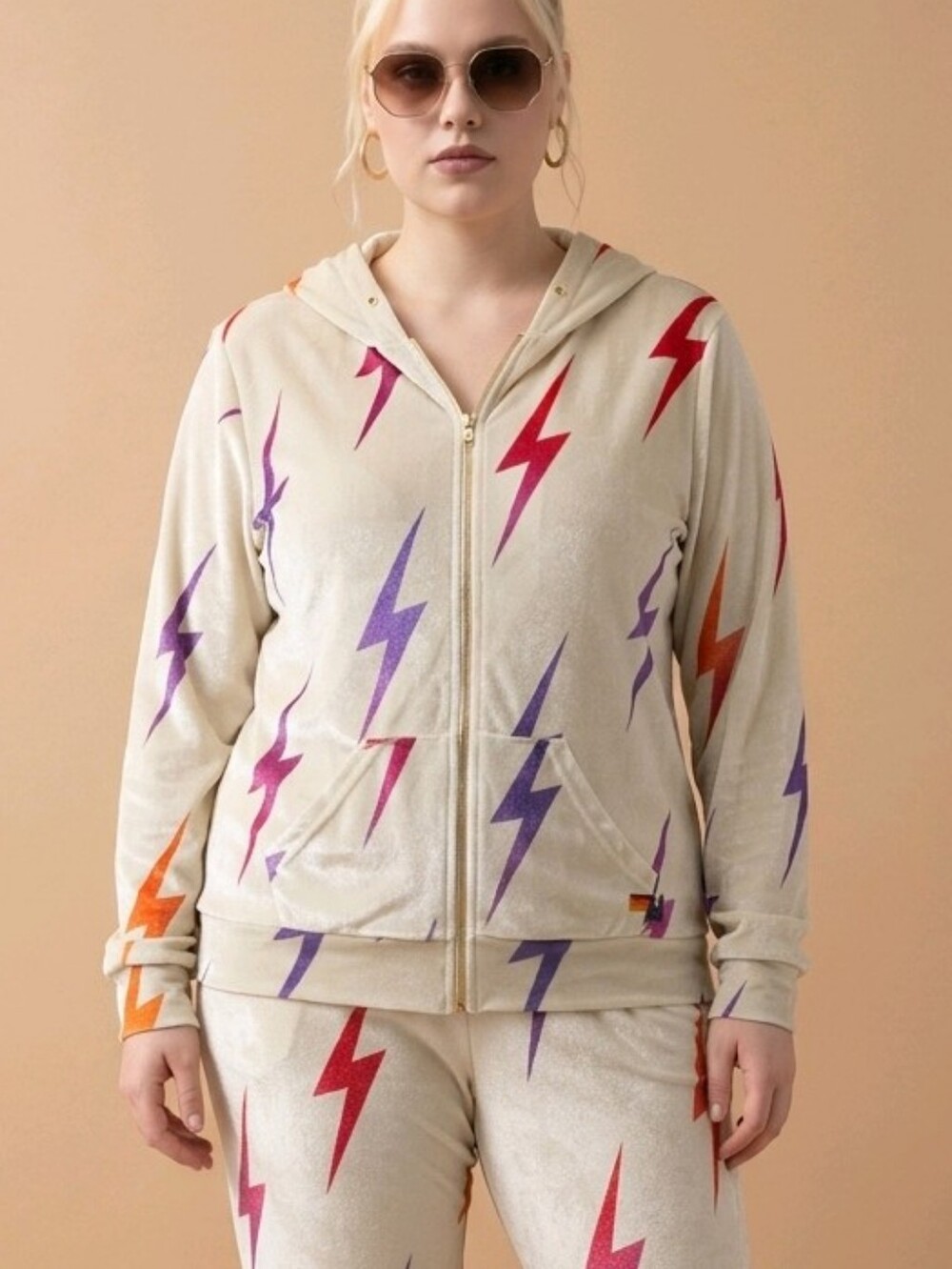Aviator Nation Full Zip Hoodie with Multi-Color Lightning Bolts Plush Size L